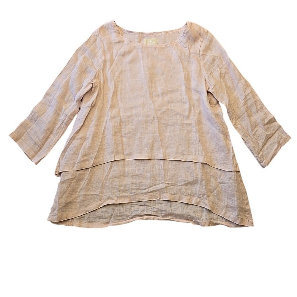 Crown Linen Designs Women's Soft Pink Layered 100% Linen Top Sz M Lagenlook Boho